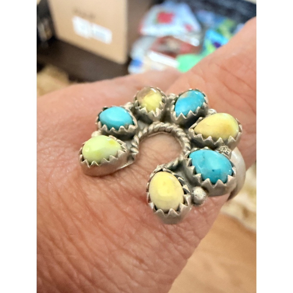 Southwestern Multi Stone Horseshoe Ring Turquoise Yellow Silver Boho Statement